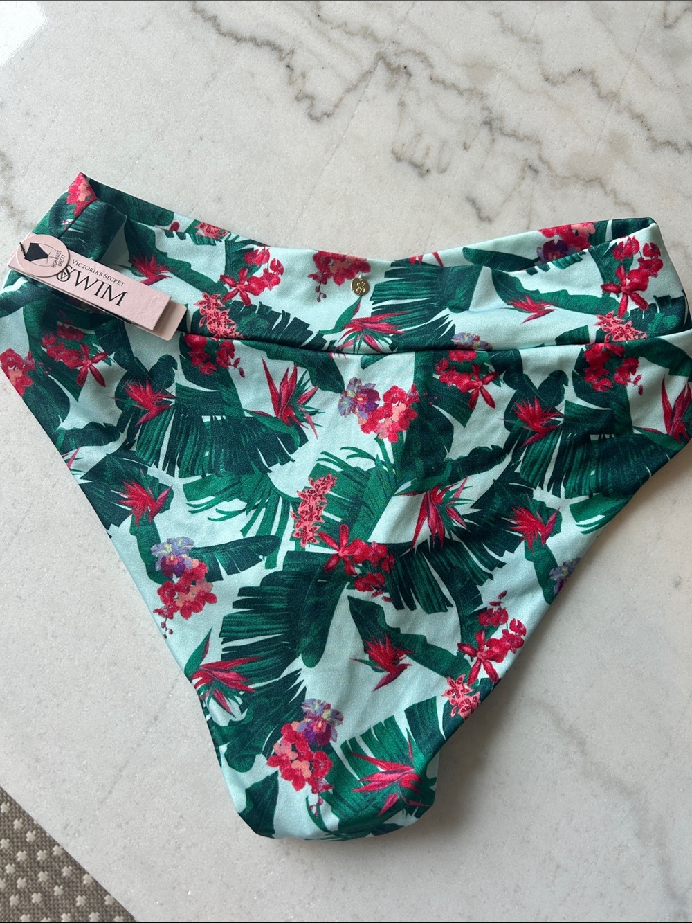 NWT Victoria's Secret Bikini Bottom Floral Green Palm High Waist Cheeky (M) - Picture 5 of 8